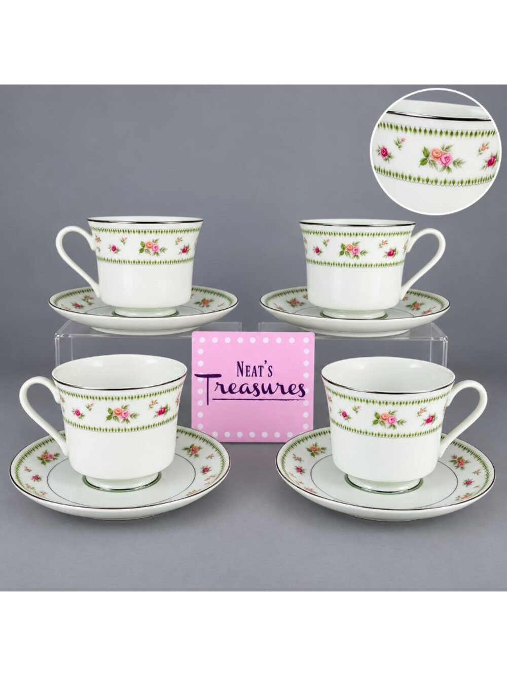 ABINGDON By Japan Pink Orange Floral Fine Porcelain China Cups & Saucers Set 4
